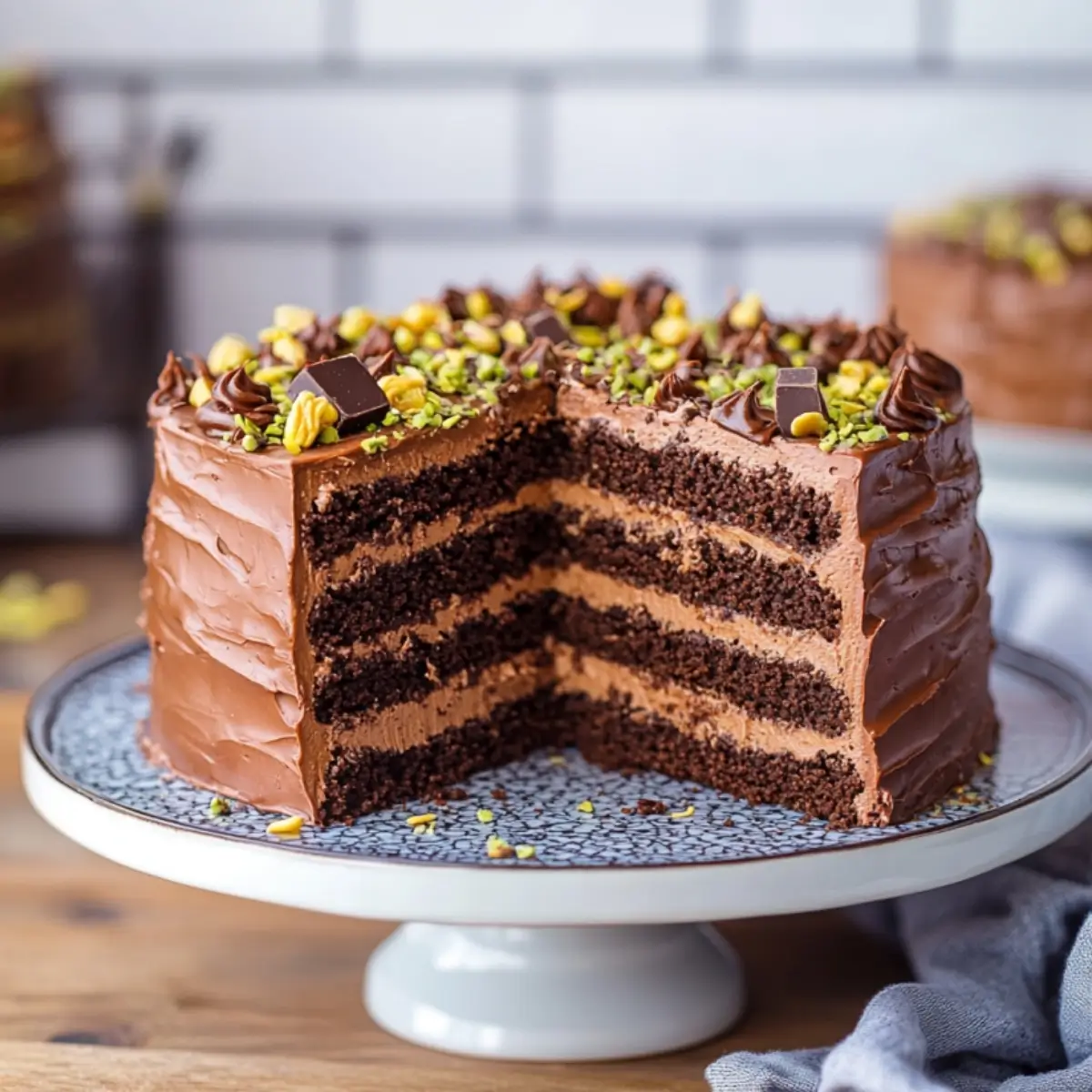 Dubai Chocolate Cake Recipe 5 Slice of Dubai Chocolate Cake Showing Pistachio and Phyllo Layers