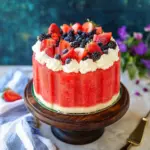 Easy Watermelon Cake Recipe 7 Watermelon cake topped with whipped cream and summer berries