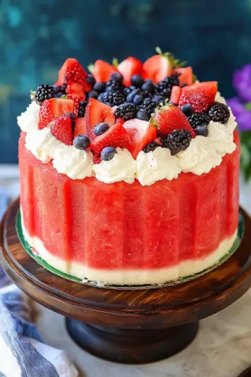 Watermelon cake topped with whipped cream and summer berries